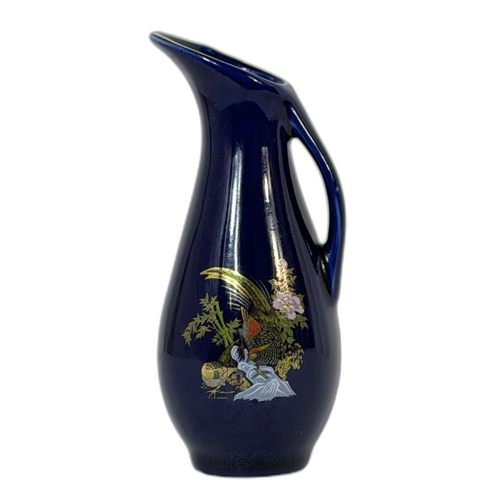 VTG Cobalt Blue Mini Pitcher Bud Vase Chinoiserie Bird Gold Rim Decor Small